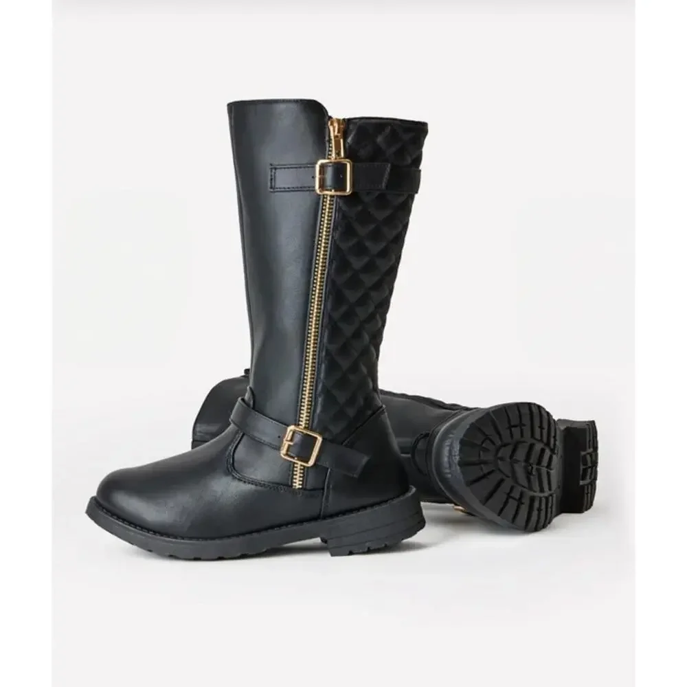 FabKids Black Quilted Buckle Detail Riding Boots Girls Size 4